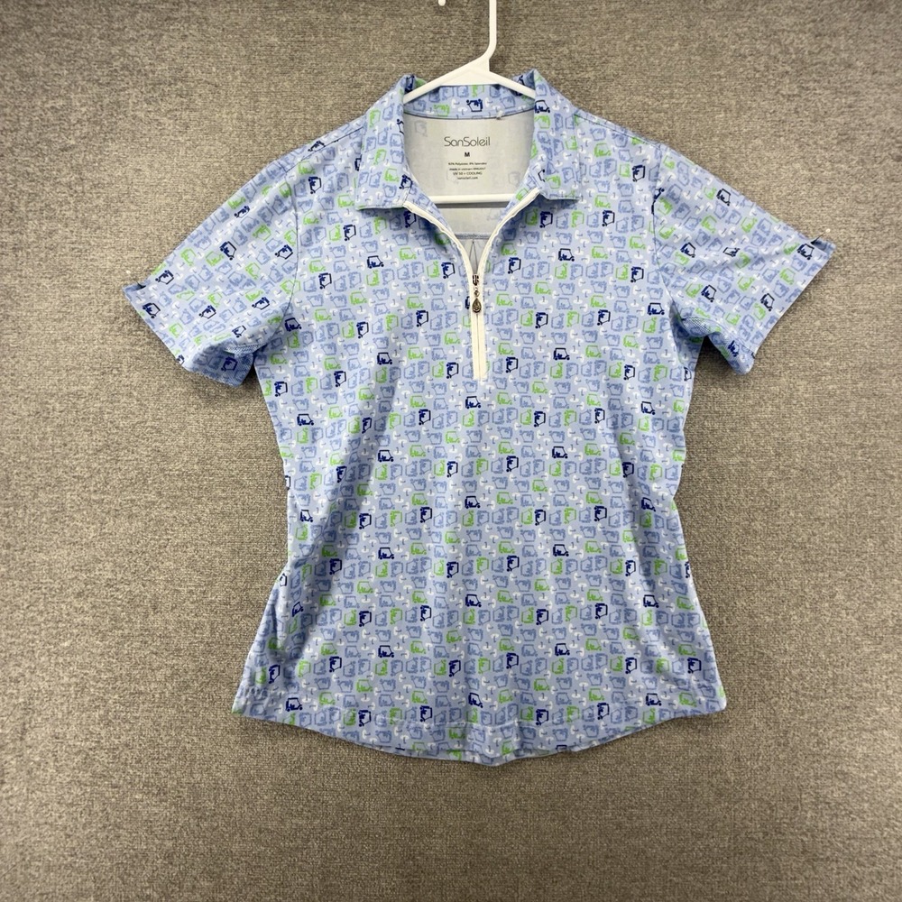 San Soleil 1/4 Zip Golf  Polo Shirt Women Sz M Blue Golf Car Print UV 50 Cooling